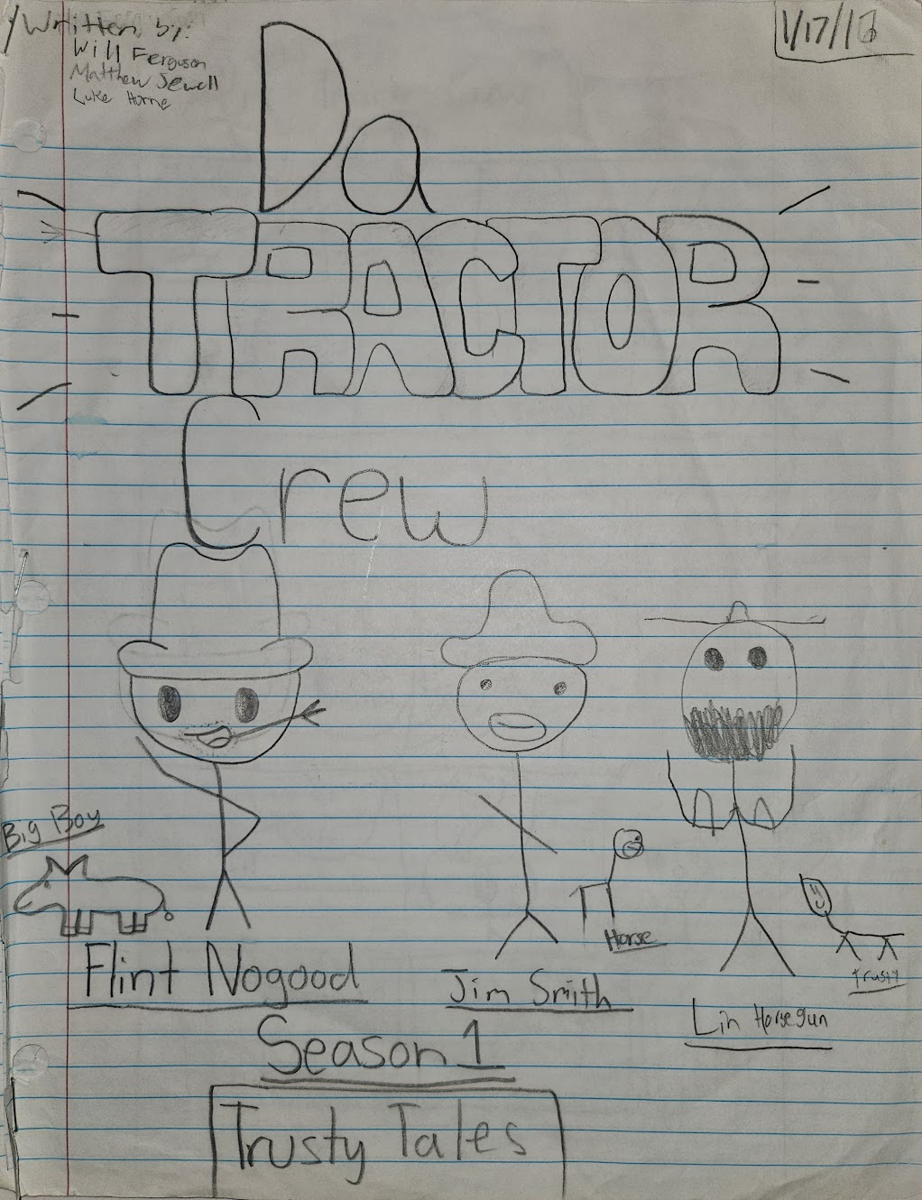 Hand-drawn cover of Da Tractor Crew, Season 1, on lined notebook paper